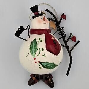 Rustic Ceramic Snowman Christmas Ornament with Dangling Legs and Crackle Glaze